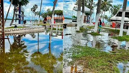Água está invadindo bares e restaurantes na Lagoa do Portinho após fortes chuvas