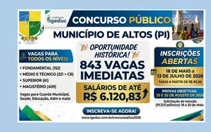Prefeitura de Altos lança concurso com 843 vagas e salários de até R$ 6,1 mil