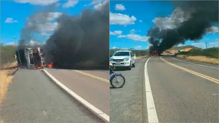 Caminhoneiro fica ferido após caminhão carregado de granito tombar e pegar fogo em Patos do Piauí