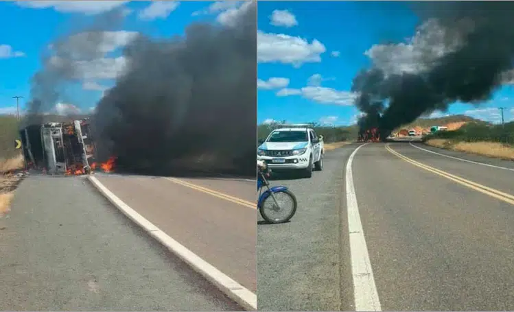 Caminhoneiro fica ferido após caminhão carregado de granito tombar e pegar fogo em Patos do Piauí