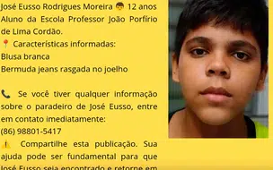 Menino de 12 anos desaparece em Teresina e familiares buscam ajuda para localizá-lo