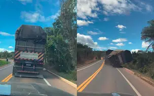 Carreta carregada de algodão perde o controle e tomba na PI-247, em Uruçuí